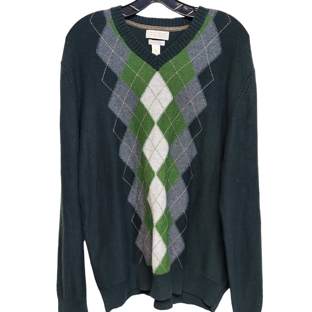 Banana Republic Mens Luxury Blend Cashmere Argyle V Neck Sweater Green XL